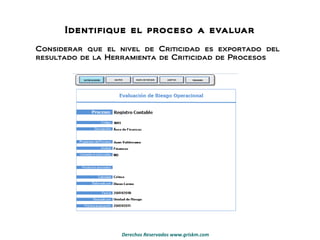 Identifique el proceso a evaluar Considerar que el nivel de Criticidad es exportado del resultado de la Herramienta de Criticidad de Procesos 