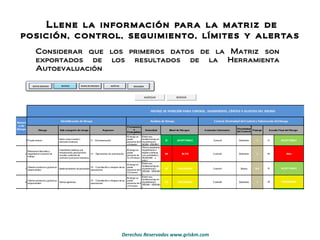 Llene la información para la matriz de posición, control, seguimiento, límites y alertas Considerar que los primeros datos de la Matriz son exportados de los resultados de la Herramienta Autoevaluación 