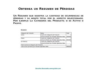 Obtenga un Resumen de Pérdidas Un Resumen que muestra la cantidad de ocurrencias de pérdidas y su monto total por el aspecto seleccionado. Por ejemplo: La Categoría del Producto, si es Activo o Pasivo. 