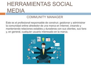 HERRAMIENTAS SOCIAL
MEDIA
COMMUNITY MANAGER
Este es el profesional responsable de construir, gestionar y administrar
la co...