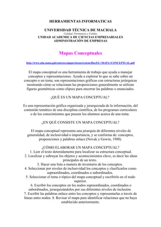 HERRAMIENTAS INFORMATICAS
UNIVERSIDAD TÉCNICA DE MACHALA
Calidad, Pertinencia y Calidez
UNIDAD ACADEMICA DE CIENCIAS EMPRESARIALES
ADMINISTRACIÒN DE EMPRESAS
Mapas Conceptuales
http://www.edu.xunta.gal/centros/ceipgurriaran/system/files/EL+MAPA+CONCEPTUAL.pdf
El mapa conceptual es una herramienta de trabajo que ayuda a manejar
conceptos y representaciones. Ayuda a explorar lo que se sabe sobre un
concepto o un tema; son representaciones gráficas con estructuras jerárquicas
mostrando cómo se relacionan las proposiciones generalmente se utilizan
figuras geométricas como elipses para encerrar las palabras o enunciados.
¿QUÉ ES UN MAPA CONCEPTUAL?
Es una representación gráfica organizada y jerarquizada de la información, del
contenido temático de una disciplina científica, de los programas curriculares
o de los conocimientos que poseen los alumnos acerca de una tema.
¿EN QUÉ CONSISTE UN MAPA CONCEPTUAL?
El mapa conceptual representa una jerarquía de diferentes niveles de
generalidad, de inclusividad o importancia, y se conforma de: conceptos,
proposiciones y palabras enlace (Novak y Gowin, 1988).
¿CÓMO ELABORAR UN MAPA CONCEPTUAL?
1. Leer el texto detenidamente para localizar su estructura conceptual.
2. Localizar y subrayar los objetos y acontecimientos clave, es decir las ideas
principales de un texto.
3. Hacer una lista a manera de inventario de los conceptos.
4. Seleccionar por niveles de inclusividad los conceptos y clasificarlos como
supraordinados, coordinados o subordinados.
5. Seleccionar el tema o tópico del mapa conceptual y escribirlo en el nodo
superior.
6. Escribir los conceptos en los nodos supraordinados, coordinados o
subordinados, jerarquizándolos por sus diferentes niveles de inclusión.
7. Escribir las palabras enlace entre los conceptos y representarlas a través de
líneas entre nodos. 8. Revisar el mapa para identificar relaciones que no haya
establecido anteriormente.
 
