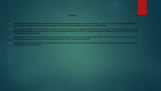 Conclusión
 En conclusión puedo decir que las computadoras electrónicas han sido bastante reciente, y han tenido un avance . Tanto es así, que hoy en día la competencia entre
las empresas productoras de computadores a provocado la aparición de nuevos modelos con períodos muy cortos de tiempo.
 Las memorias se identifican en el almacenaje de datos que viene en forma chips, y el almacenaje de la palabra se utiliza para la memoria que existe en las cintas o
los discos. Por otra parte, la memoria se refiere a los chips reales capaces de llevar a cabo datos. Algunos ordenadores también utilizan la memoria virtual que amplía
memoria física sobre un disco duro.
 Cada ordenador viene con cierta cantidad de memoria física, referida generalmente como memoria principal o RAM. Se puede pensar en memoria principal como
arreglo de celdas de memoria, cada una de los cuales puede llevar a cabo un solo byte de información.
 Para guardar información en la memoria, el procesador primero envía la dirección para los datos. El controlador de memoria encuentra el cubículo adecuado y luego el
procesador envía los datos a escribir.
 