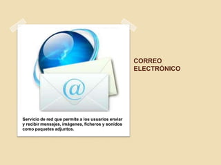 CORREO
                                                    ELECTRÓNICO




Servicio de red que permite a los usuarios enviar
y recibir mensajes, imágenes, ficheros y sonidos
como paquetes adjuntos.
 