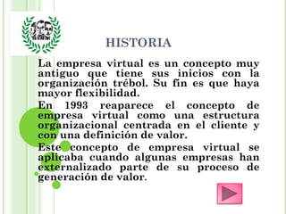 HISTORIA
La empresa virtual es un concepto muy
antiguo que tiene sus inicios con la
organización trébol. Su fin es que haya
mayor flexibilidad.
En 1993 reaparece el concepto de
empresa virtual como una estructura
organizacional centrada en el cliente y
con una definición de valor.
Este concepto de empresa virtual se
aplicaba cuando algunas empresas han
externalizado parte de su proceso de
generación de valor.
 