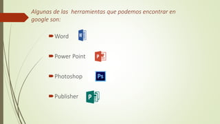Algunas de las herramientas que podemos encontrar en
google son:
Word
Power Point
Photoshop
Publisher
 