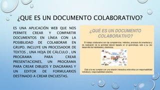 ¿QUE ES UN DOCUMENTO COLABORATIVO?
ES UNA APLICACIÓN WEB QUE NOS
PERMITE CREAR Y COMPARTIR
DOCUMENTOS EN LÍNEA CON LA
POSIBILIDAD DE COLABORAR EN
GRUPO. INCLUYE UN PROCESADOR DE
TEXTOS , UNA HOJA DE CÁLCULO , UN
PROGRAMA PARA CREAR
PRESENTACIONES, UN PROGRAMA
PARA CREAR DIBUJOS Y DIAGRAMAS Y
UN EDITOR DE FORMULARIOS
DESTINADO A CREAR ENCUESTAS.
 