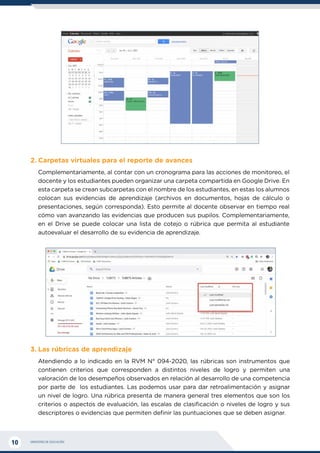 MINISTERIO DE EDUCACIÓN
10
2.	Carpetas virtuales para el reporte de avances
Complementariamente, al contar con un cronograma para las acciones de monitoreo, el
docente y los estudiantes pueden organizar una carpeta compartida en Google Drive. En
esta carpeta se crean subcarpetas con el nombre de los estudiantes, en estas los alumnos
colocan sus evidencias de aprendizaje (archivos en documentos, hojas de cálculo o
presentaciones, según corresponda). Esto permite al docente observar en tiempo real
cómo van avanzando las evidencias que producen sus pupilos. Complementariamente,
en el Drive se puede colocar una lista de cotejo o rúbrica que permita al estudiante
autoevaluar el desarrollo de su evidencia de aprendizaje.
3.	Las rúbricas de aprendizaje
Atendiendo a lo indicado en la RVM N° 094-2020, las rúbricas son instrumentos que
contienen criterios que corresponden a distintos niveles de logro y permiten una
valoración de los desempeños observados en relación al desarrollo de una competencia
por parte de los estudiantes. Las podemos usar para dar retroalimentación y asignar
un nivel de logro. Una rúbrica presenta de manera general tres elementos que son los
criterios o aspectos de evaluación, las escalas de clasificación o niveles de logro y sus
descriptores o evidencias que permiten definir las puntuaciones que se deben asignar.
 