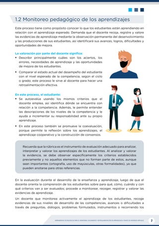HERRAMIENTAS TECNOLÓGICAS PARA EL MONITOREO, SEGUIMIENTO Y RETROALIMENTACIÓN DE APRENDIZAJES A TRAVÉS DE ENTORNOS VIRTUALES 7
1.2 Monitoreo pedagógico de los aprendizajes
Este proceso tiene como propósito conocer lo que los estudiantes están aprendiendo en
relación con el aprendizaje esperado. Demanda que el docente recoja, registre y valore
las evidencias de aprendizaje mediante la observación permanente del desenvolvimiento
y las producciones de sus estudiantes, así identificará sus avances, logros, dificultades y
oportunidades de mejora.
La valoración por parte del docente significa:
ƒ
ƒ Describir principalmente cuáles son los aciertos, los
errores, necesidades de aprendizaje y las oportunidades
de mejora de los estudiantes.
ƒ
ƒ Comparar el estado actual del desempeño del estudiante
con el nivel esperado de la competencia, según el ciclo
o grado; este proceso le sirve al docente para hacer una
retroalimentación efectiva.
En este proceso, el estudiante:
ƒ
ƒ Se autoevalúa usando los mismos criterios que el
docente emplea, así identifica dónde se encuentra con
relación a la competencia. Además, le permite entender
las descripciones de los niveles de la competencia y le
ayuda a incrementar su responsabilidad ante su propio
aprendizaje.
ƒ
ƒ En este proceso también se promueve la coevaluación,
porque permite la reflexión sobre los aprendizajes, el
aprendizaje cooperativo y la construcción de consensos.
Recuerda que la rúbrica es el instrumento de evaluación adecuado para analizar,
interpretar y valorar los aprendizajes de los estudiantes. Al analizar y valorar
la evidencia, se debe observar específicamente los criterios establecidos
previamente y no aquellos elementos que no forman parte de estos, aunque
sean importantes (ortografía, uso de mayúsculas, otras formalidades), ya que
pueden anotarse para otras referencias.
En la evaluación durante el desarrollo de la enseñanza y aprendizaje, luego de que el
docente orienta la comprensión de los estudiantes sobre para qué, cómo, cuándo y con
qué criterios van a ser evaluados; procede a monitorear, recoger, registrar y valorar las
evidencias de aprendizaje.
Un docente que monitorea activamente el aprendizaje de los estudiantes, recoge
evidencias de sus niveles de desarrollo de las competencias, avances o dificultades a
través de preguntas, diálogos, problemas formulados, instrumentos o recorriendo los
 