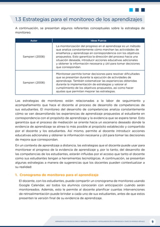 HERRAMIENTAS TECNOLÓGICAS PARA EL MONITOREO, SEGUIMIENTO Y RETROALIMENTACIÓN DE APRENDIZAJES A TRAVÉS DE ENTORNOS VIRTUALES 9
1.3 Estrategias para el monitoreo de los aprendizajes
A continuación, se presentan algunos referentes conceptuales sobre la estrategia de
monitoreo.
Autor Ideas Fuerza
Sampieri (2008)
La monitorización del progreso en el aprendizaje es un método
que analiza constantemente cómo marchan las actividades de
enseñanza y aprendizaje en correspondencia con los objetivos
propuestos. Esto garantiza la dirección del proceso hacia una
situación deseada, introducir acciones educativas adicionales
y obtener la información necesaria y útil para tomar decisiones
que correspondan.
Sampieri (2008)
Monitorear permite tomar decisiones para resolver dificultades
que se presentan durante la ejecución de actividades de
aprendizaje. También sistematizar las experiencias obtenidas
durante la implementación de estrategias y valorar el
cumplimiento de los objetivos propuestos, así como hacer
ajustes que permitan mejorar las estrategias.
Las estrategias de monitoreo están relacionadas a la labor de seguimiento y
acompañamiento que hace el docente al proceso de desarrollo de competencias de
sus estudiantes. El monitoreo del desarrollo de competencias analiza constantemente
cómo se van desarrollando las experiencias de aprendizaje propuestas al estudiante en
correspondencia con el propósito de aprendizaje y la evidencia que se espera tener. Esto
garantiza que el proceso de mediación se oriente hacia un escenario deseado donde la
evidencia de aprendizaje se alinea lo más posible al propósito establecido y compartido
por el docente y los estudiantes. Así mismo, permite al docente introducir acciones
educativas adicionales y obtener la información necesaria y útil para tomar las decisiones
de mejora que correspondan.
En un contexto de aprendizaje a distancia, las estrategias que el docente puede usar para
monitorear el progreso de la evidencia de aprendizaje y, por lo tanto, del desarrollo de
las competencias de los estudiantes, estarán influidas por el acceso que tanto el docente
como sus estudiantes tengan a herramientas tecnológicas. A continuación, se presentan
algunas estrategias a manera de sugerencias que los docentes pueden contextualizar a
su realidad:
1. Cronograma de monitoreo para el aprendizaje
El docente, con los estudiantes, puede compartir un cronograma de monitoreo usando
Google Calendar, así todos los alumnos conocerán con anticipación cuándo serán
monitoreados. Además, esto le permite al docente planificar cuantas intervenciones
de retroalimentación puede brindar a cada uno de sus estudiantes, antes de que estos
presenten la versión final de su evidencia de aprendizaje.
 