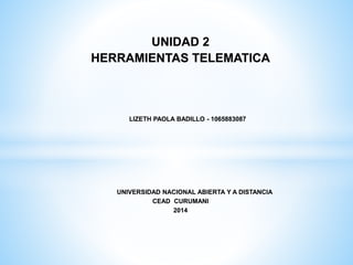 UNIDAD 2
HERRAMIENTAS TELEMATICA
LIZETH PAOLA BADILLO - 1065883087
UNIVERSIDAD NACIONAL ABIERTA Y A DISTANCIA
CEAD CURUMANI
2014
 