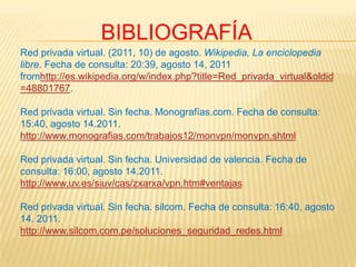 BIBLIOGRAFÍA
Red privada virtual. (2011, 10) de agosto. Wikipedia, La enciclopedia
libre. Fecha de consulta: 20:39, agosto 14, 2011
fromhttp://es.wikipedia.org/w/index.php?title=Red_privada_virtual&oldid
=48801767.

Red privada virtual. Sin fecha. Monografías.com. Fecha de consulta:
15:40, agosto 14.2011.
http://www.monografias.com/trabajos12/monvpn/monvpn.shtml

Red privada virtual. Sin fecha. Universidad de valencia. Fecha de
consulta: 16:00, agosto 14.2011.
http://www.uv.es/siuv/cas/zxarxa/vpn.htm#ventajas

Red privada virtual. Sin fecha. silcom. Fecha de consulta: 16:40, agosto
14. 2011.
http://www.silcom.com.pe/soluciones_seguridad_redes.html
 