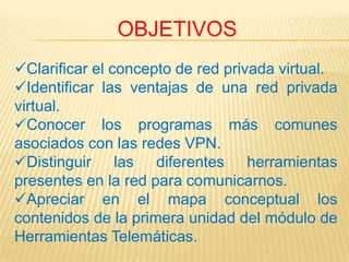 OBJETIVOS
Clarificar el concepto de red privada virtual.
Identificar las ventajas de una red privada
virtual.
Conocer los programas más comunes
asociados con las redes VPN.
Distinguir las diferentes herramientas
presentes en la red para comunicarnos.
Apreciar en el mapa conceptual los
contenidos de la primera unidad del módulo de
Herramientas Telemáticas.
 