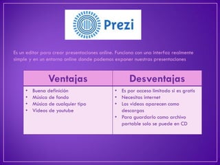 Es un editor para crear presentaciones online. Funciona con una interfaz realmente simple y en un entorno online donde podemos exponer nuestras presentaciones 
Ventajas 
Desventajas 
•Buena definición 
•Música de fondo 
•Música de cualquier tipo 
•Videos de youtube 
•Es por acceso limitado si es gratis 
•Necesitas internet 
•Los videos aparecen como descargas 
•Para guardarlo como archivo portable solo se puede en CD  