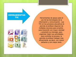HERRAMIENTAS
TIC Herramientas de apoyo para el
uso de las tecnologías de la
información y comunicación. Las
TIC en los procesos educativos le
permite al profesor disponer de
múltiples recursos para enseñar ,
para transmitir con mayor claridad
y precisión su mensaje, para
organizar mejor sus actividades,
para controlar el proceso, le
permite al profesor trabajar mas
eficazmente, es decir, con menor
esfuerzo y con mayor éxito.
 