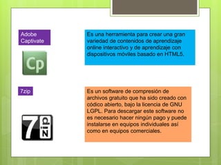 Adobe
Captivate
Es una herramienta para crear una gran
variedad de contenidos de aprendizaje
online interactivo y de aprendizaje con
dispositivos móviles basado en HTML5.
7zip Es un software de compresión de
archivos gratuito que ha sido creado con
códico abierto, bajo la licencia de GNU
LGPL. Para descargar este software no
es necesario hacer ningún pago y puede
instalarse en equipos individuales así
como en equipos comerciales.
 