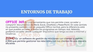 ENTORNOS DE TRABAJO
OFFICE 365 Es una herramienta que nos permite crear, acceder y
compartir documentos de Word, Excel, OneNote y PowerPoint. En este sentido
no presenta cambios con un paquete Office normal, pero la diferencia está
en que puedes acceder a todos los programas en tiempo real. Además,
podemos acceder desde cualquier dispositivo que tenga acceso a Internet y
OneDrive.
ZOHO Es un software de gestión de relaciones con clientes a pedido
(CRM) que permite gestionar las relaciones con los clientes de una manera
eﬁciente.
 