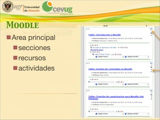 Moodle
Area principal 

secciones

recursos

actividades

 
