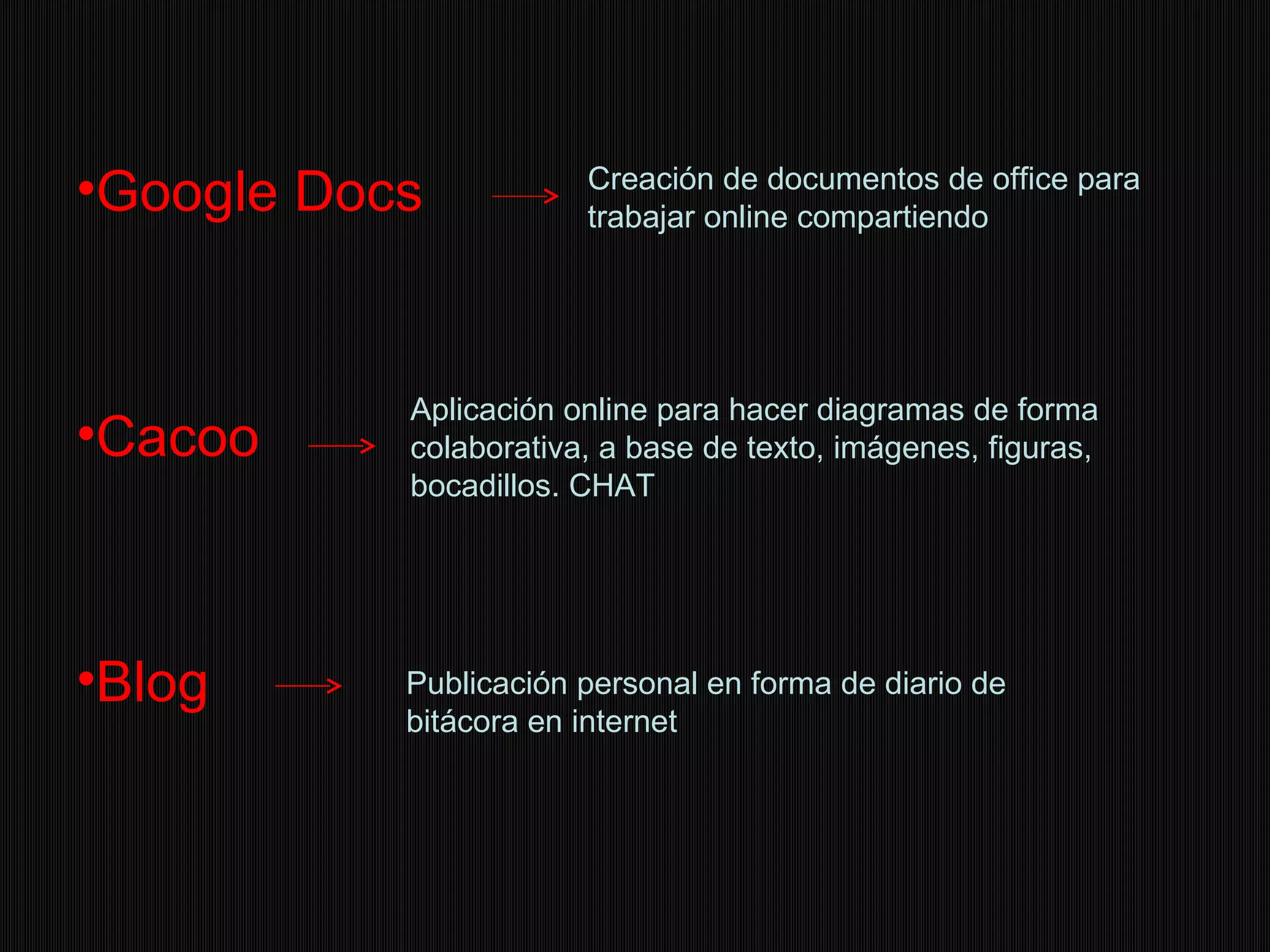 •Google Docs Creación de documentos de office para
trabajar online compartiendo
Aplicación online para hacer diagramas de forma
•Cacoo colaborativa, a base de texto, imágenes, figuras,
bocadillos. CHAT
•Blog Publicación personal en forma de diario de
bitácora en internet