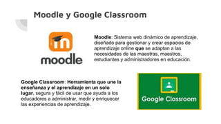 Moodle y Google Classroom
Moodle: Sistema web dinámico de aprendizaje,
diseñado para gestionar y crear espacios de
aprendizaje online que se adaptan a las
necesidades de las maestras, maestros,
estudiantes y administradores en educación.
Google Classroom: Herramienta que une la
enseñanza y el aprendizaje en un solo
lugar, segura y fácil de usar que ayuda a los
educadores a administrar, medir y enriquecer
las experiencias de aprendizaje.
 