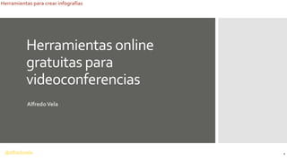 @alfredovela
Herramientas para crear infografías
Herramientas online
gratuitas para
videoconferencias
AlfredoVela (alfredovela)
1
 