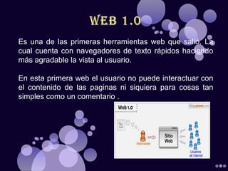 Es una de las primeras herramientas web que salió. La
cual cuenta con navegadores de texto rápidos haciendo
más agradable la vista al usuario.

En esta primera web el usuario no puede interactuar con
el contenido de las paginas ni siquiera para cosas tan
simples como un comentario .
 
