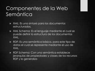 Componentes de la Web
Semántica
 XML: Es una sintaxis para los documentos
estructurados.
 XML Schema: Es el lenguaje mediante el cual se
puede definir la estructura de los documentos
XML.
 RDF: Es una semántica básica, para este tipo de
datos el cual se represente mediante el uso de
XML.
 RDF Schema: Con una semántica establece
jerarquías de propiedades y clases de los recursos
RDF y lo generaliza
 