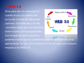 • WEB 3.0
Sirve para dar un evolución en
cuanto al uso y la interacción
en la red a través de diferentes
caminos. Convirtiendo a la red
una base datos que nos permitirá
tener muchas otras propiedades.
Con la base de datos nosotros
podemos hacer que los contenidos sean accesibles con otras
aplicaciones. Se usa con frecuencia en el mercado para ofrecen
mejoras a las WEB 2.0
 