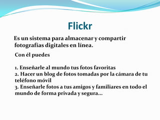 FlickrCC   Es un servicio búsqueda de imágenes que realiza registros sobre etiquetas y descripciones de imágenes almacenadas en Flickr, pero con la condición que estén publicadas bajo licencia Creative Commons.