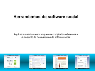 Herramientas de software social Aquí se encuentran unos esquemas compilados referentes a un conjunto de herramientas de software social  