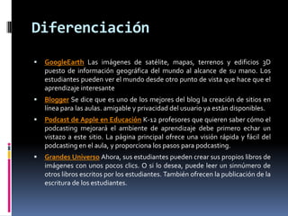 Diferenciación
 GoogleEarth Las imágenes de satélite, mapas, terrenos y edificios 3D
puesto de información geográfica del mundo al alcance de su mano. Los
estudiantes pueden ver el mundo desde otro punto de vista que hace que el
aprendizaje interesante
 Blogger Se dice que es uno de los mejores del blog la creación de sitios en
línea para las aulas. amigable y privacidad del usuario ya están disponibles.
 Podcast de Apple en Educación K-12 profesores que quieren saber cómo el
podcasting mejorará el ambiente de aprendizaje debe primero echar un
vistazo a este sitio. La página principal ofrece una visión rápida y fácil del
podcasting en el aula, y proporciona los pasos para podcasting.
 Grandes Universo Ahora, sus estudiantes pueden crear sus propios libros de
imágenes con unos pocos clics. O si lo desea, puede leer un sinnúmero de
otros libros escritos por los estudiantes. También ofrecen la publicación de la
escritura de los estudiantes.
 