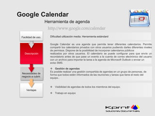 Google Calendar 
Herramienta de agenda 
http://www.google.com/calendar 
Dificultad utilización media. Herramienta estándard 
Google Calendar es una agenda que permite tener diferentes calendarios. Permite 
compartir los calendarios privados con otros usuarios pudiendo darles diferentes niveles 
de permisos. Dispone de la posibilidad de incorporar calendarios públicos 
realizados por otros usuarios. El calendario se puede configurar para que envíe un 
recordatorio antes de que pase un evento a la cuenta de correo electrónico del usuario 
con un archivo para importar la tarea a la agenda de Microsoft Outlook o enviar un 
aviso SMS. 
 Gestión de agendas 
Es posible realizar una gestión compartida de agendas en un grupo de personas, de 
forma que todos estén informados de las reuniones y tareas que tiene el resto del 
equipo.. 
Facilidad de uso. 
Descripción 
Necesidades de 
negocio a cubrir. 
 Visibilidad de agendas de todos los miembros del equipo. 
 Trabajo en equipo 
Ventajas 
 