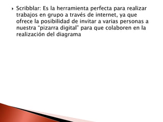    Scribblar: Es la herramienta perfecta para realizar
    trabajos en grupo a través de internet, ya que
    ofrece la posibilidad de invitar a varias personas a
    nuestra “pizarra digital” para que colaboren en la
    realización del diagrama
 