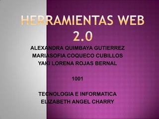 ALEXANDRA QUIMBAYA GUTIERREZ
MARIASOFIA COQUECO CUBILLOS
YAKI LORENA ROJAS BERNAL
1001
TECNOLOGIA E INFORMATICA
ELIZABETH ANGEL CHARRY
 