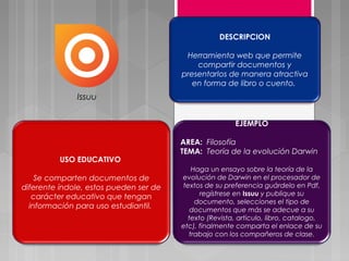 Issuu 
DESCRIPCION 
Herramienta web que permite 
compartir documentos y 
presentarlos de manera atractiva 
en forma de libro o cuento. 
USO EDUCATIVO 
Se comparten documentos de 
diferente índole, estos pueden ser de 
carácter educativo que tengan 
información para uso estudiantil. 
EJEMPLO 
AREA: Filosofía 
TEMA: Teoría de la evolución Darwin 
Haga un ensayo sobre la teoría de la 
evolución de Darwin en el procesador de 
textos de su preferencia guárdelo en Pdf, 
regístrese en Issuu y publique su 
documento, selecciones el tipo de 
documentos que más se adecue a su 
texto (Revista, articulo, libro, catalogo, 
etc), finalmente comparta el enlace de su 
trabajo con los compañeros de clase. 
 