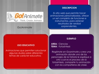 Go!Animate 
DESCRIPCION 
Es sitio web que permite hacer 
animaciones personalizadas, ofrece 
un set completo de funciones e 
instrumentos, para obtener 
resultados de verdad 
sorprendentes. 
USO EDUCATIVO 
Animaciones que permiten solucionar 
algunas dudas sobre diferentes 
temas de carácter educativo. 
EJEMPLO 
AREA: Ciencias 
TEMA: Fotosíntesis 
Regístrate en Goanimate y crea una 
animación donde uno de los 
personajes de la historia le explique a 
otro cual es el proceso de la 
fotosíntesis, comparte tu animación 
con los compañeros de clase. 
 