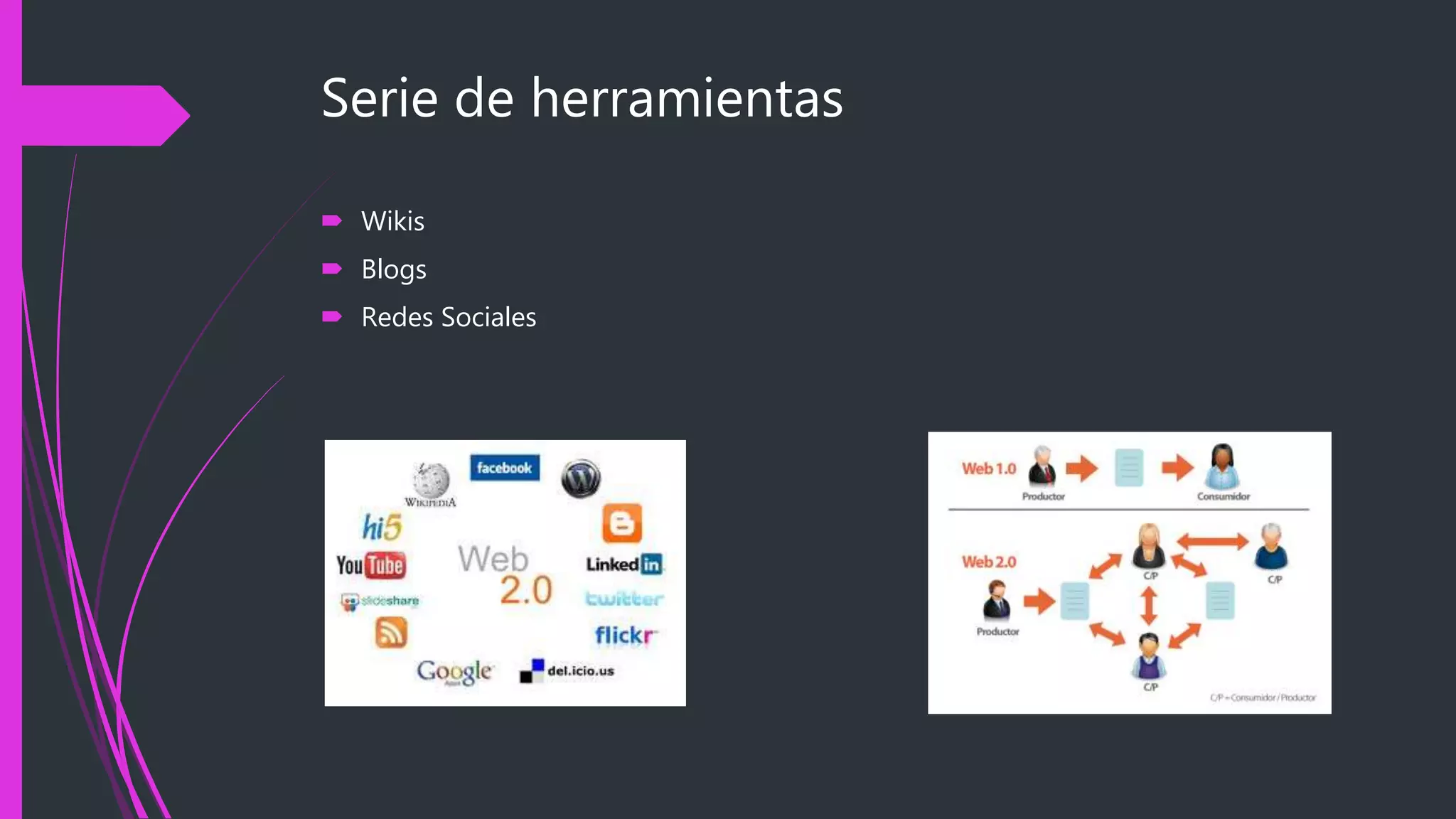 Serie de herramientas
 Wikis
 Blogs
 Redes Sociales
 