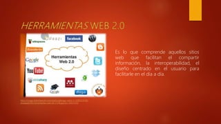 https://image.slidesharecdn.com/charla-tallerago-web2-0-120815215136-
phpapp02/95/herramientas-web-20-1-728.jpg?cb=1345111252
Es lo que comprende aquellos sitios
web que facilitan el compartir
información, la interoperabilidad, el
diseño centrado en el usuario para
facilitarle en el día a día.
 