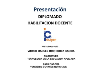 Presentación
DIPLOMADO
HABILITACION DOCENTE
PRESENTADO POR:
VICTOR MANUEL RODRIGUEZ GARCIA
ASIGNATURA
TECNOLOGIA DE LA EDUCACION APLICADA
FACILITADORA
YENEIERIS MOYARES NORCHALE
 