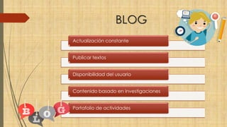 BLOG
Actualización constante
Publicar textos
Disponibilidad del usuario
Contenido basado en investigaciones
Portafolio de actividades
 
