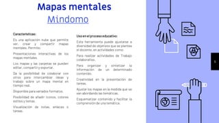 Características:
Es una aplicación nube que permite
ver, crear y compartir mapas
mentales. Permite:
Presentaciones interactivas de los
mapas mentales.
Los mapas y las carpetas se pueden
editar, compartir y exportar.
Da la posibilidad de colaborar con
otros para intercambiar ideas y
trabajo sobre un mapa mental en
tiempo real.
Disponible para variados formatos.
Posibilidad de añadir iconos, colores
estilos y temas.
Visualización de notas, enlaces o
tareas.
Mapas mentales
Usoenelprocesoeducativo:
Esta herramienta puede ajustarse a
diversidad de objetivos que se plantea
el docente, en actividades como:
Para realizar actividades de Trabajo
colaborativo.
Para organizar y sintetizar la
información de un determinado
contenido.
Creatividad en la presentación de
tareas.
Ajustar los mapas en la medida que se
van abordando las temáticas.
Esquematizar contenido y facilitar la
comprensión de una temática.
5
Mindomo
 