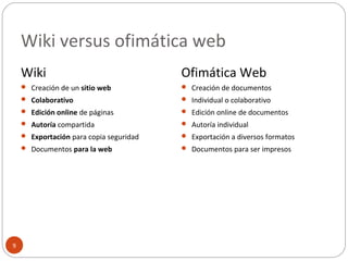Wiki versus ofimática web
9
Wiki
 Creación de un sitio web
 Colaborativo
 Edición online de páginas
 Autoría compartida
 Exportación para copia seguridad
 Documentos para la web
Ofimática Web
 Creación de documentos
 Individual o colaborativo
 Edición online de documentos
 Autoría individual
 Exportación a diversos formatos
 Documentos para ser impresos
 