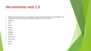 Herramientas web 2,0
 Diferenciación permiten a los estudiantes utilizar diferentes estilos de aprendizaje. Los
estudiantes que son aprendices visuales pueden leer la información
 GabCast
 Anki
 Fleck
 Kwout
 Fliggo
 Blogger
 Wordle
 Many Eyes
 Dark Copy
 Wikiq
 Gliffy
 