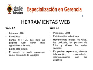 HERRAMIENTAS WEB
Web 1.0                                 Web 2.0.
•   Inicia en 1970                      •   Inicia en el 2004
•   Es estática                         •   Es interactiva y dinámica
•   Surgió el HTML que hizo las         •   Herramientas (blogs, los wikis,
    páginas     web     fueran    más       los podcasts, los portales de
    agradables a la vista.                  fotos y vídeos, las redes
•   Es de sólo lectura                      sociales)
•   El usuario no puede interactuar     •   Es posible expresarse, obtener
    con el contenido de la página           información,        conocimiento,
                                            interrelacionarse     con     los
                                            usuarios
 