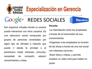 REDES SOCIALES
                                               Permite:
Son espacios virtuales donde un usuario
                                               •La interrelación entre los empleados
puede interactuar con otros usuarios. Es
                                               a través de la transmisión de sus
una estructura social compuesta por
                                               conocimientos
grupos de personas conectadas por
                                               •Organizar a los empleados en función
algún tipo de afinidad o relación que
                                               de las áreas a través de una red social
puede   ir   desde   la   amistad     o   el
                                               con intereses comunes
parentesco hasta intereses comunes,
                                               •Subir fotos y vídeos, y permite
necesidad     de     compartir,     adquirir
                                               emplear un video chat para hablar en
conocimientos u otras.
                                               grupo
 