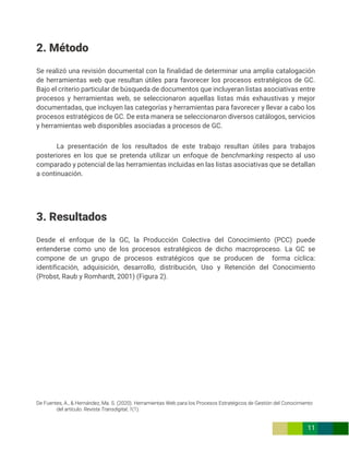 De Fuentes, A., & Hernández, Ma. S. (2020). Herramientas Web para los Procesos Estratégicos de Gestión del Conocimiento
del artículo. Revista Transdigital, 1(1).
11
2. Método
Se realizó una revisión documental con la finalidad de determinar una amplia catalogación
de herramientas web que resultan útiles para favorecer los procesos estratégicos de GC.
Bajo el criterio particular de búsqueda de documentos que incluyeran listas asociativas entre
procesos y herramientas web, se seleccionaron aquellas listas más exhaustivas y mejor
documentadas, que incluyen las categorías y herramientas para favorecer y llevar a cabo los
procesos estratégicos de GC. De esta manera se seleccionaron diversos catálogos, servicios
y herramientas web disponibles asociadas a procesos de GC.
La presentación de los resultados de este trabajo resultan útiles para trabajos
posteriores en los que se pretenda utilizar un enfoque de benchmarking respecto al uso
comparado y potencial de las herramientas incluidas en las listas asociativas que se detallan
a continuación.
3. Resultados
Desde el enfoque de la GC, la Producción Colectiva del Conocimiento (PCC) puede
entenderse como uno de los procesos estratégicos de dicho macroproceso. La GC se
compone de un grupo de procesos estratégicos que se producen de forma cíclica:
identificación, adquisición, desarrollo, distribución, Uso y Retención del Conocimiento
(Probst, Raub y Romhardt, 2001) (Figura 2).
 