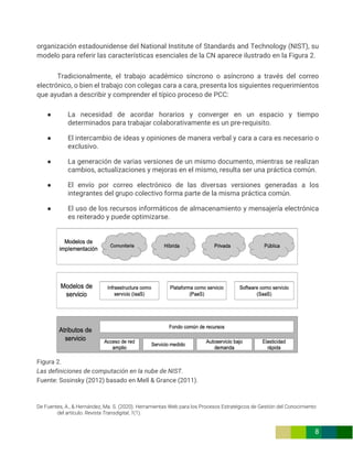 De Fuentes, A., & Hernández, Ma. S. (2020). Herramientas Web para los Procesos Estratégicos de Gestión del Conocimiento
del artículo. Revista Transdigital, 1(1).
8
organización estadounidense del National Institute of Standards and Technology (NIST), su
modelo para referir las características esenciales de la CN aparece ilustrado en la Figura 2.
Tradicionalmente, el trabajo académico síncrono o asíncrono a través del correo
electrónico, o bien el trabajo con colegas cara a cara, presenta los siguientes requerimientos
que ayudan a describir y comprender el típico proceso de PCC:
● La necesidad de acordar horarios y converger en un espacio y tiempo
determinados para trabajar colaborativamente es un pre-requisito.
● El intercambio de ideas y opiniones de manera verbal y cara a cara es necesario o
exclusivo.
● La generación de varias versiones de un mismo documento, mientras se realizan
cambios, actualizaciones y mejoras en el mismo, resulta ser una práctica común.
● El envío por correo electrónico de las diversas versiones generadas a los
integrantes del grupo colectivo forma parte de la misma práctica común.
● El uso de los recursos informáticos de almacenamiento y mensajería electrónica
es reiterado y puede optimizarse.
Figura 2.
Las definiciones de computación en la nube de NIST.
Fuente: Sosinsky (2012) basado en Mell & Grance (2011).
 