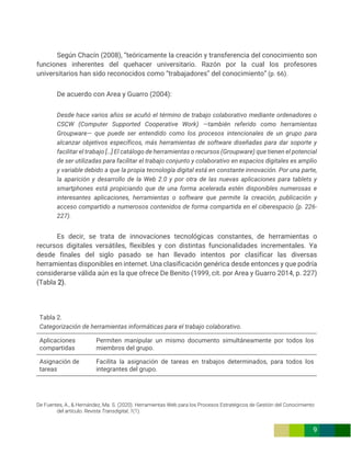 De Fuentes, A., & Hernández, Ma. S. (2020). Herramientas Web para los Procesos Estratégicos de Gestión del Conocimiento
del artículo. Revista Transdigital, 1(1).
9
Según Chacín (2008), “teóricamente la creación y transferencia del conocimiento son
funciones inherentes del quehacer universitario. Razón por la cual los profesores
universitarios han sido reconocidos como “trabajadores” del conocimiento” (p. 66).
De acuerdo con Area y Guarro (2004):
Desde hace varios años se acuñó el término de trabajo colaborativo mediante ordenadores o
CSCW (Computer Supported Cooperative Work) —también referido como herramientas
Groupware— que puede ser entendido como los procesos intencionales de un grupo para
alcanzar objetivos específicos, más herramientas de software diseñadas para dar soporte y
facilitar el trabajo […] El catálogo de herramientas o recursos (Groupware) que tienen el potencial
de ser utilizadas para facilitar el trabajo conjunto y colaborativo en espacios digitales es amplio
y variable debido a que la propia tecnología digital está en constante innovación. Por una parte,
la aparición y desarrollo de la Web 2.0 y por otra de las nuevas aplicaciones para tablets y
smartphones está propiciando que de una forma acelerada estén disponibles numerosas e
interesantes aplicaciones, herramientas o software que permite la creación, publicación y
acceso compartido a numerosos contenidos de forma compartida en el ciberespacio (p. 226-
227).
Es decir, se trata de innovaciones tecnológicas constantes, de herramientas o
recursos digitales versátiles, flexibles y con distintas funcionalidades incrementales. Ya
desde finales del siglo pasado se han llevado intentos por clasificar las diversas
herramientas disponibles en internet. Una clasificación genérica desde entonces y que podría
considerarse válida aún es la que ofrece De Benito (1999, cit. por Area y Guarro 2014, p. 227)
(Tabla 2).
Tabla 2.
Categorización de herramientas informáticas para el trabajo colaborativo.
Aplicaciones
compartidas
Permiten manipular un mismo documento simultáneamente por todos los
miembros del grupo.
Asignación de
tareas
Facilita la asignación de tareas en trabajos determinados, para todos los
integrantes del grupo.
 