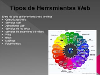 Entre los tipos de herramientas web tenemos
• Comunidades web
• Servicios web
• Aplicaciones web
• Servicios de red social
• Servicios de alojamiento de videos
• Wikis
• Blogs
• Mashups
• Folcsonomias.
 