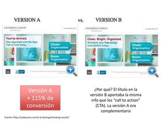 Versión A                                  ¿Por qué? El título en la
                                                            versión B aportaba la misma
                   + 115% de                                 info que los “call to action”
                   conversión                                   (CTA). La versión A era
                                                                   complementaria
Fuente: http://unbounce.com/a-b-testing/shocking-results/
 