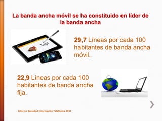 La banda ancha móvil se ha constituido en líder de
                la banda ancha


                                                 29,7 Líneas por cada 100
                                                 habitantes de banda ancha
                                                 móvil.


 22,9 Líneas por cada 100
 habitantes de banda ancha
 fija.

  Informe Sociedad Información Telefónica 2011
 